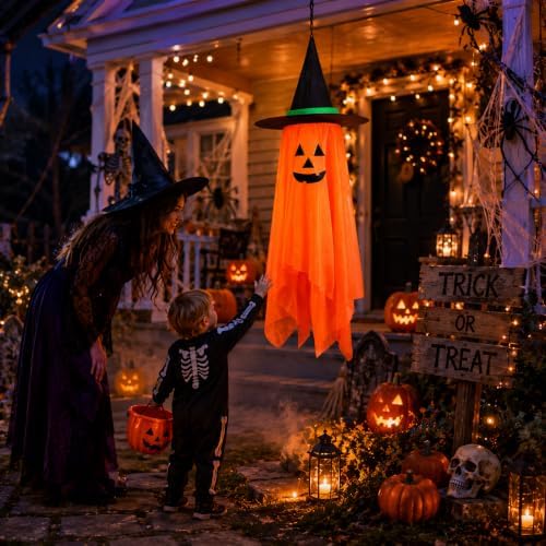 Halloween Decorations Ghost Hanging Ornaments: 39.4 Inch Foldable Cloth Witch Hat Ghost Decor With Lanyards - Reusable Hanging Halloween for Tree Porch Yard and Ceiling Wall Home