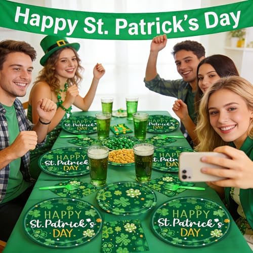 96 Pieces Happy St. Patrick's Day Plates and Napkins Tableware Set, Green Shamrock Lucky Disposable Dinnerware with Paper Plates, Napkins, and Forks for St Patrick Day Irish Party Supplies- Serves 24