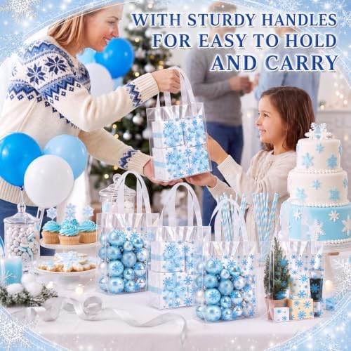 Pajean 25 Pcs Winter Plastic Gift Bags with Handles, Blue Snowflake Pouches
