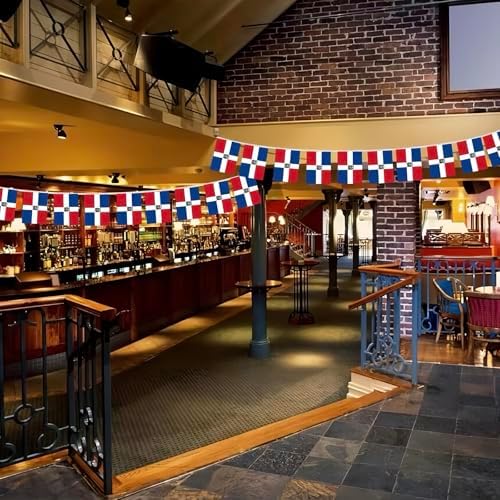AhfuLife 60 Pcs Dominican String Flags for Independence Day Decorations, Small Dominican Flag Bunting Banner - Double Sided for National Day Festival Party Decorations (5.5×8.3 Inch-66 Ft)
