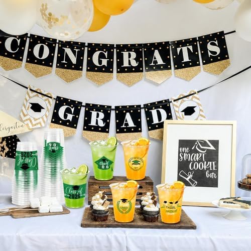100 Pack 12oz Green Graduation Decorations Cups, Class of 2026 Disposable Plastic Cups, Sturdy & Durable Tableware for High School College Grad Party Decorations Supplies