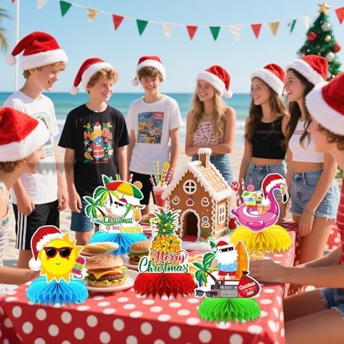 10 Pcs Summer Christmas Decorations, July Summer Christmas Table Honeycomb Hawaiian Christmas Party Toppers Summer Beach Decorations for Christmas Holiday Supplies