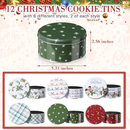 Yaomiao 12 Pack 5.3 Inch Christmas Cookie Tins with Lids, Delicate