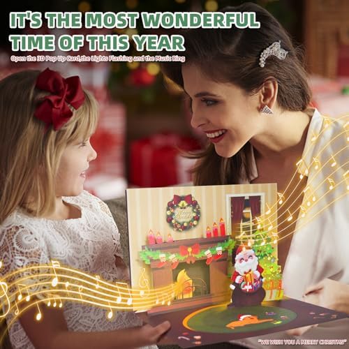XTF2015 Christmas Card 3D Pop Up Christmas Greeting Cards with Music, Lighting LED Greeting Gift Card Fireplace with Envelope for Women Men Kids Husband Wife Mom Dad Daughter
