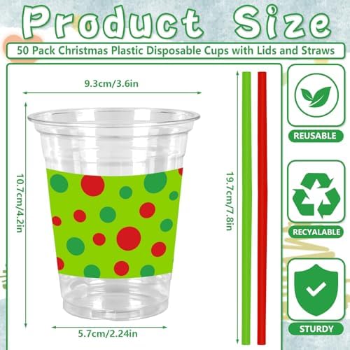 Whaline 50 Pack Green Christmas Plastic Cups with Lids Straws Red Green Polka Dot Clear Plastic Cups 12oz Holiday Disposable Cold Beverage Drinking Cup for Xmas Winter Party Supplies