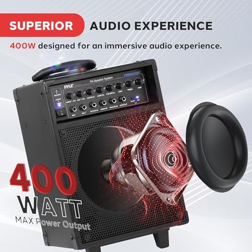 Pyle Wireless Portable PA System-400W Bluetooth Compatible Rechargeable Battery Powered Outdoor Sound Stereo Speaker Microphone Set w/Handle, Wheels-1/4 to AUX, RCA Cable (PWMA230BT)