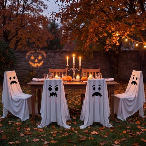 Frienda 4 Pcs Halloween Ghost Chair Covers Spooky Face Slipcovers 59 x 59"