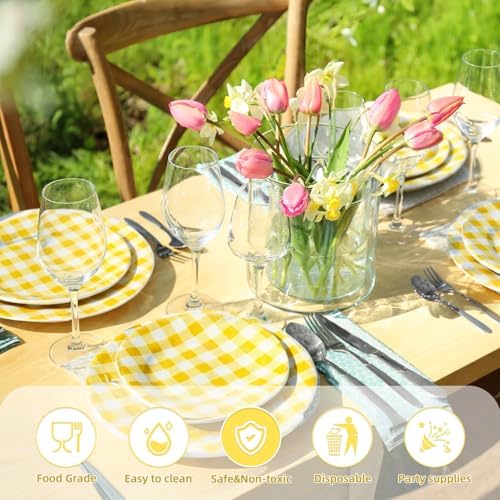 Vyntra 50 Pcs Yellow Gingham 7 Inch Round Paper Dessert Plates