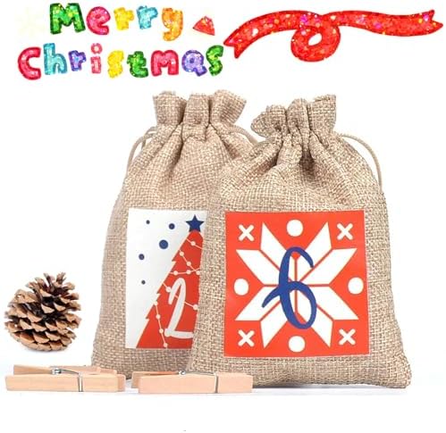 24 Pcs Christmas Advent Calendar Number Bags with Drawstring Closure