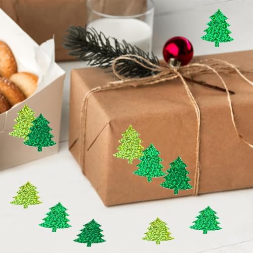 500Pcs Christmas Tree Stickers Roll 1.2in Laser Green Pine Tree Seal Stickers Xmas Waterproof Self-Adhesive Decals for Envelope Journal Decor Gifts Decor