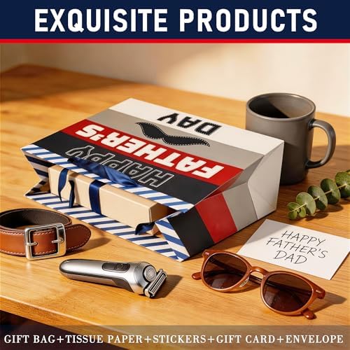 Xustanina 13" Large Fathers Day Gift Bag Blue & Red Handheld Gift Bag with Greeting Card Tissue Paper and Stickers Best Dad Birthday Party Supplies