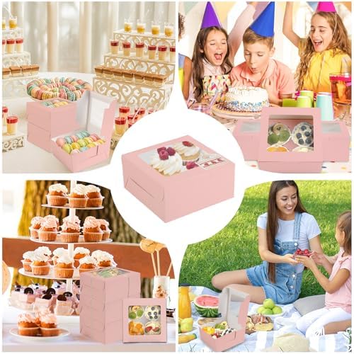 OAMCEG Cupcake Boxes with Window, 6x6x3 Inches Cookie Boxes,30 Pack,Pink