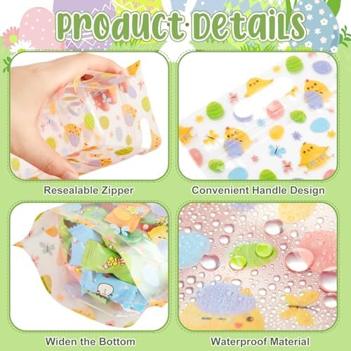 Engrowtic 50 Pcs Easter Treat Bags Reusable Easter Egg Zipper Bags Plastic Goodie Gift Bag Holiday Bag with Handles for Spring Party Favor Wrapping Supplies