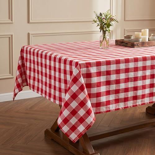 Red White Buffalo Plaid Waterproof Tablecloth for Outdoor Use Picnic Table Cover for Holiday Dinner, Farmhouse Kitchen, Patio Dining, Reusable Checkered Table Cloth, W60 x L84 in