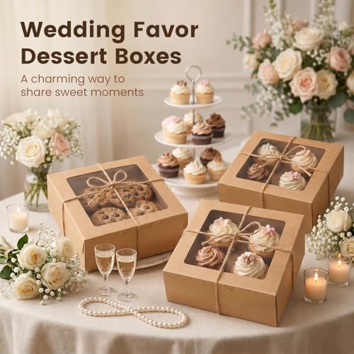 OAMCEG 6x6x3Inch Cupcake Boxes with Window,50 Pcs Cookie Bakery Boxes,Brown