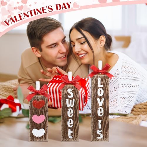 Redbaker 3pcs Valentine's Day Table Centerpieces Valentines Office Decor Wooden Block Sign Love Is Sweet Table Decoration Rustic Farmhouse Red Pink Heart Tiered Tray Decor for Home Office Mantel Desk