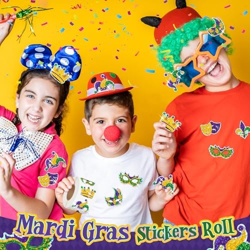 500Pcs Mardi Gras Stickers Roll Holographic Laser Yellow Green Purple Fleur de Lis Waterproof Self-Adhesive Decals for New Orleans Carnival Holiday DIY Crafts Party Favors Gifts Envelope Journal Decor