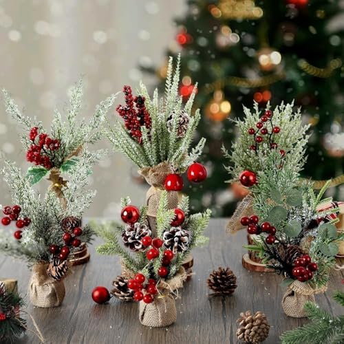 YLOLUL 6 Pcs Mini Christmas Tree Table Decorations Artificial Small Christmas Trees for Farmhouse Christmas Centerpiece Table Decoration for Kitchen Table Decor (6, Classics, Mini)