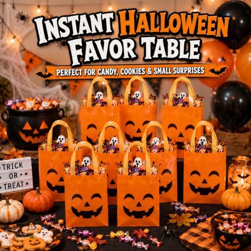 Pajean 25 Pcs Halloween Plastic Gift Bags with Handles, Pumpkin Pouches