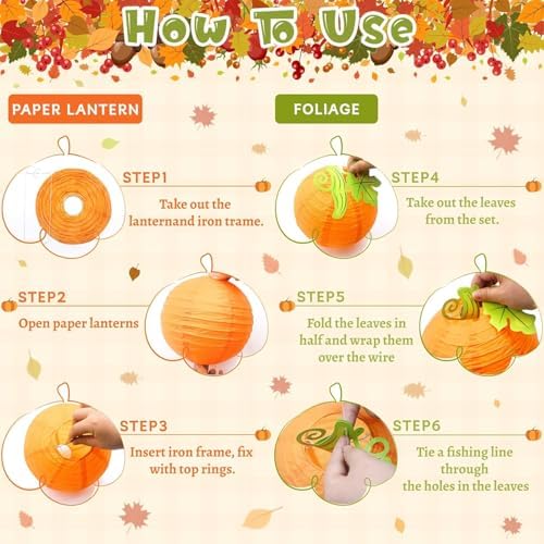 12Pcs Fall Thanksgiving Pumpkins Decorations Orange Paper Pumpkin Ball Decorations Lanterns Unique Design Perfect for Halloween Jack O Lantern Classroom Kitchen Party Indoor Outdoor