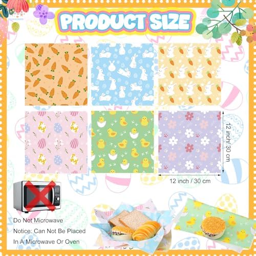Ireer 300 Pcs Pastel Wax Paper Sheets Parchment for Food Picnic Deli Paper 12x12 Inch Waterproof Wrapping Deli Rabbits Easter Eggs Carrots Flower Basket Liners Greaseproof Easter Day