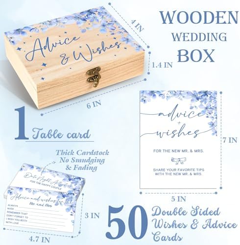 Advice And Wishes For the New Mr and Mrs - 50 Pcs Blue Flower Wedding Advice Cards Box, Advices and Wishes Cards For Bride and Groom,Newlyweds,Blue Flower Wedding Bridal Shower Decorations