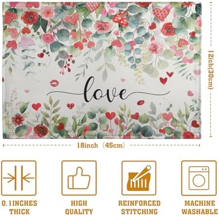 Valentines Day Love Heart Rose Placemats Set of 4 Valentine Eucalyptus Leaves Linen Table Mats Heat 12x18 Inch Spring Resistant Washable Table Mats for Kitchen Dining Decoration