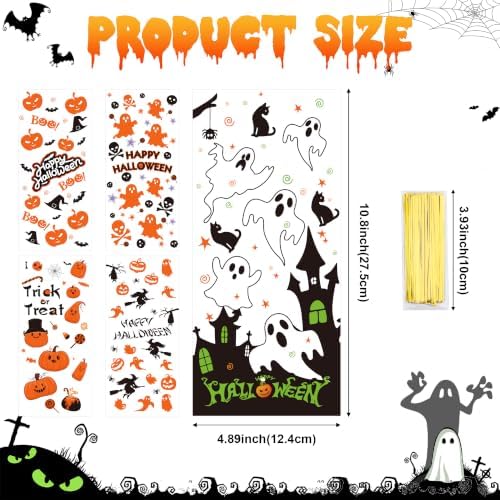 Halloween Cellophane Treat Bags, Halloween Candy Bags, Halloween Goodie Bags, Plastic Clear Goody Snack Cookie Packing Gift Bags with Ties for Kids Halloween Trick or Treat Party Favors Supplies,50Pcs