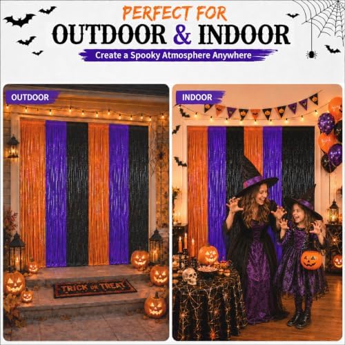 JINSUI Halloween Decorations Orange Purple Black Tinsel Backdrop 2 Pack