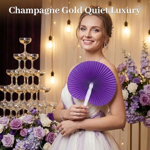 JOHOUSE Decorative Round Hand Fan Foldable, 12 Packs Purple Paper Fans