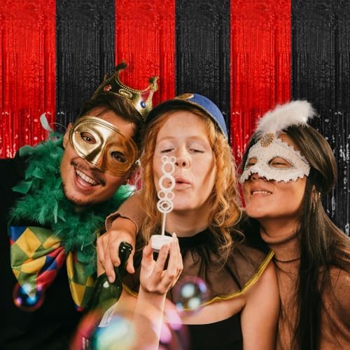 5 Pack Black and Red Party Backdrop Streamers Decorations Foil Fringe Curtains Metallic Tinsel Backdrop for Birthday Halloween Christmas New Year Fancy Ball Graduation Party Decor
