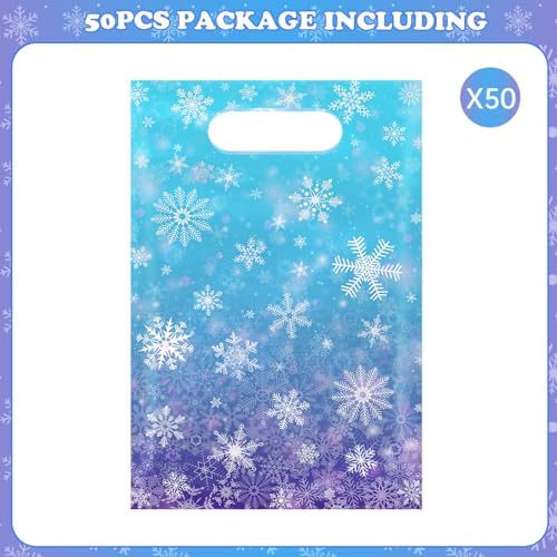 50 Pcs Winter Snowflake Gift Bags, Plastic Frozen Goodie Bags with Handles, Blue and Purple Candy Goodie Party Favor Bag for Winter Wonderland Christmas Birthday Decorations Frozen Party Supplies