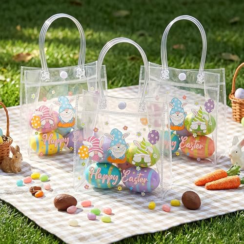 Aliceset 24 Pcs Clear Plastic Gift Bags with Handle, Reusable Easter Gnome