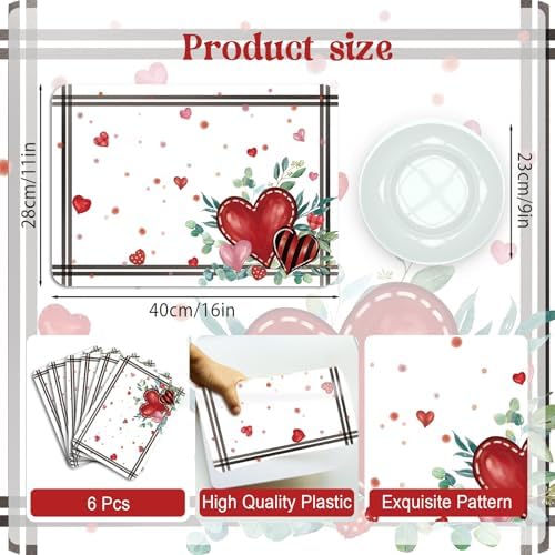 6 Set Valentine's Day Placemats, 11x16 Inch Heart Eucalyptus Leaves Branches Plastic Placemats Red Heart Branches Spring Holiday Table Mats for Wedding Party Festival Decor