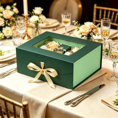 5 Pcs Green Gift Box for Presents with Ribbon 13.2x11x5.3 Inches Clear Gift Box with Window Magnetic Closure Gift Boxes with Lids
