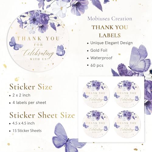 Mobiusea Creation Purple Floral Thank You for Celebrating with Us Stickers | Gold Foil Wedding Favor Stickers | 60pcs Waterproof 2" Thank You Labels for Baby Shower, Bridal Shower, Parties (Pack of 2)