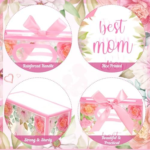 Capoda 24 Pack Mother's Day Bags with Handles, Large Floral Reusable PP Plastic Goodie Bags, Pink Rose Party Favor Bag for Mom Brunch, Classroom, Church, Candy Treats & Small Gifts