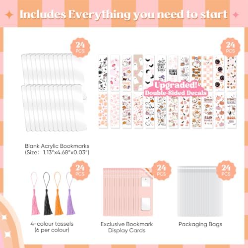 24 Set Bookmark Making Kit, Acrylic Bookmark Blanks with 24 UV DTF Stickers About Halloween Theme and 24Tassels,Blank Bookmarks UV DTF Transfers Stickers for DIY Crafts Hanging Tag Gift Bookmarks DIY