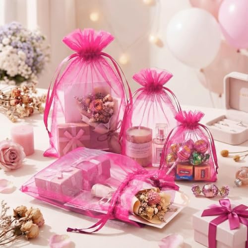 FUNFERY 100PCS Hot Pink Organza Gift Bags 6x9in,Drawstring Jewelry Pouch