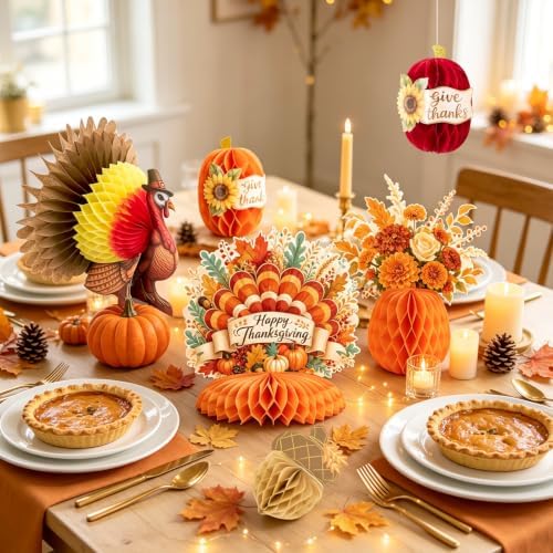 SUNBEAUTY Fall Thanksgiving Decorations, Thanksgiving Table Centerpieces, Honeycomb Turkey Centerpieces Fall Pumpkin Hanging Decor for Autumn Classroom Festival Home Office Table Decor