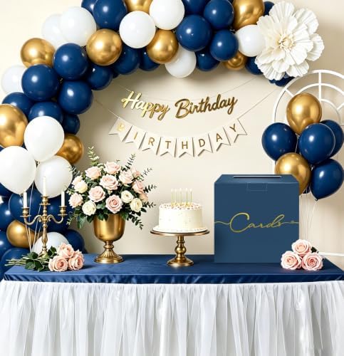 HEIPINIUYE Navy Blue Wedding Card Box with Gold Foil 9.8" x 9.8" Navy Large Gift Card Box for Party Wedding Reception Graduation Birthday Baby Shower Cardboard Raffle Envelope Box with Slot