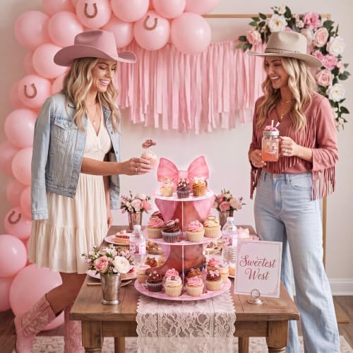 3 Tier Western Cowgirl Cupcake Stand Decoration Pink Bow Cupcake Tower Cowgirl Boots Hat Table Decoration Dessert Holder Table Display for Western Birthday Bachelorette Baby Shower Supplies