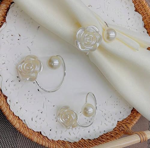 Silver Valentine's Day Napkin Rings Set of 6, Metal Rose Pearl Valentine's Day Napkin Holders Holiday Mother's Day Wedding Table Decorations Party Supplies
