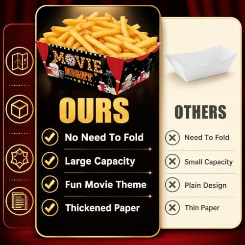 100 Pcs Black Red Movie Night Paper Food Trays, Pre-Folded Disposable Snack Boats for Popcorn, Candy, Fries, Nachos, Snacks, Cinema Party Supplies, Home Theater Serving Trays