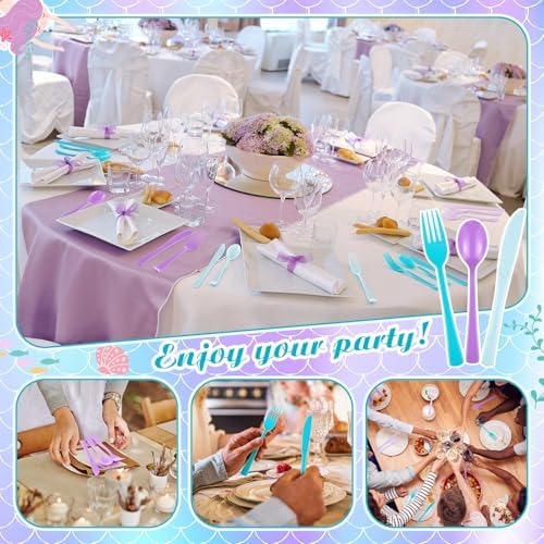 Minatee 180 Pcs Mermaid Plastic Silverware Heavy Duty Cutlery Sets Disposable Utensils for Holiday Birthday Themed Party Supplies, 60 of Each Forks Knives Spoons