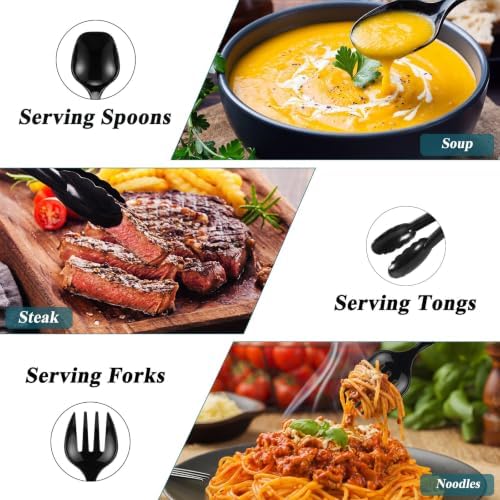 36 Pcs Disposable Plastic Serving Utensils - 9" Black Heavy Duty Serving Utensils Set, 12 Forks, 12 Tongs, 12 Serving Spoons for Buffet Party Chafing Dish Catering