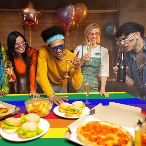 3 Pieces 54 x 108 Inches Rainbow Plastic Tablecloth, Disposable Rectangle Pride Striped Table Covers for LGBTQ Events, Wedding Decorations, Pride Month, Summer Picnic, and Birthday Supplies