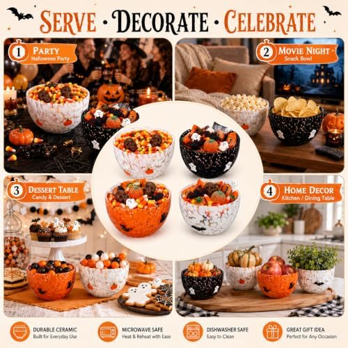 FoldTier 4 Pcs Halloween Snack Bowl, 14oz Pumpkin, Ghost, Bat, Cat Candy Dessert Bowls Double Old Fashioned Serving Bowls Gifts for Halloween Party Favors Table Decoration Supplies