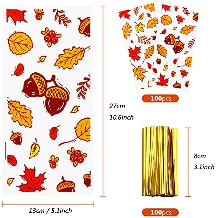 Kesote 100 Pieces Fall Thanksgiving Cellophane Treat Bags, Clear Pumpkin Maple Leaf Goodie Candy Treat Bags Bulk with Twist Ties for Thanksgiving Autumn Fall Party Favor Supplies