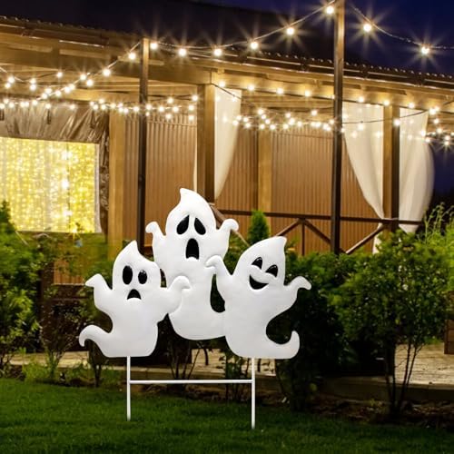 YIYA Halloween Garden Decorations Metal Halloween Ghost Yard Signs with Stake Outdoor Decorations Signs for Lawn Decor Yard Garden Decor